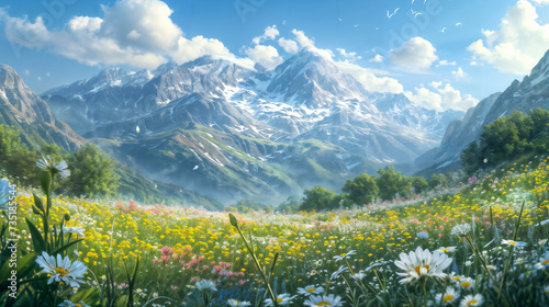 Alpine Wildflowers and Snowy Peaks.