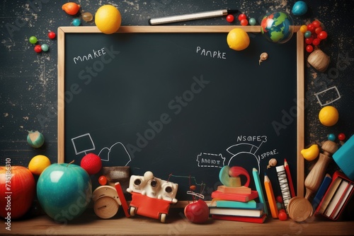 Teacher's desk with writing materials, a book and an apple, a blank for text, and School supplies around blank black chalkboard with space for text or inscriptions. Ai generated