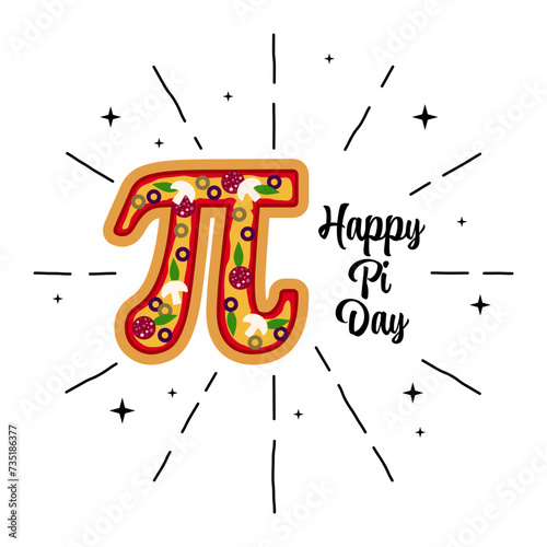 Happy Pi Day. Vector illustration. Happy Pi Day! Celebrate Pi 3,14 Day. Mathematical constant. March 14th . Ratio of a circle’s circumference to its diameter. Constant number Pi. Pizza photo