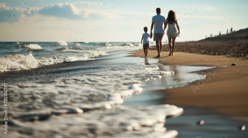 summer scene, Faceless family walking on the beach. Rear view of parents and child near ocean waves 