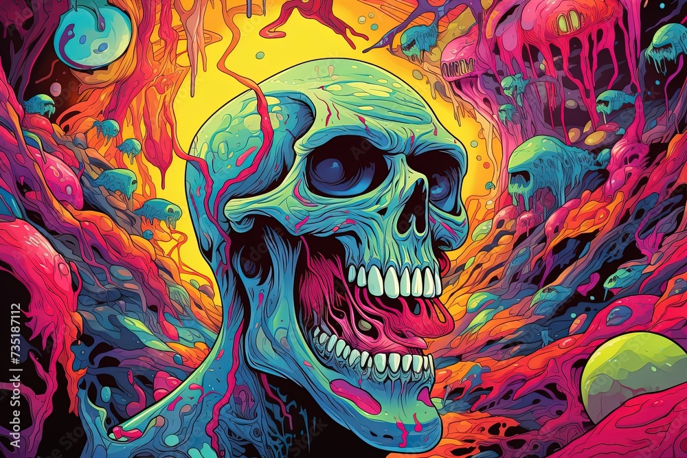 Cosmic scary skull invasion, bright toxic colors, psychedelic art