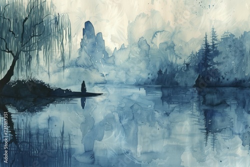 Capturing Tranquility: Mindfulness and Meditation Illustrated in Serene Watercolor Scenes photo