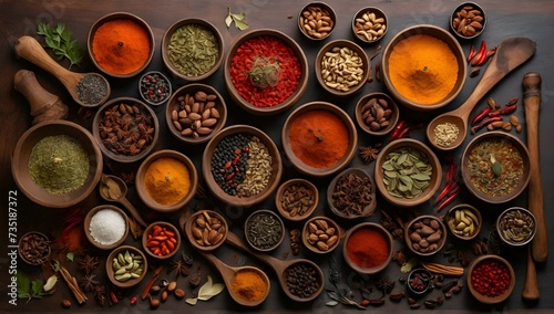 Various indian spices, nuts and herbs in wooden spoons and metal bowls