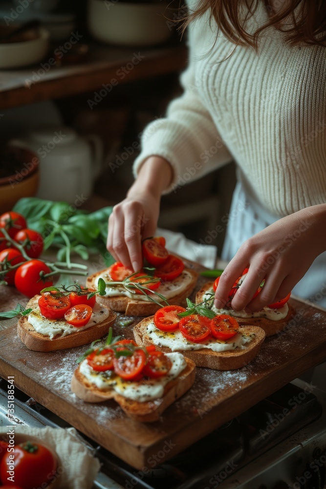 Woman hands makes bruschetta with tomatoes