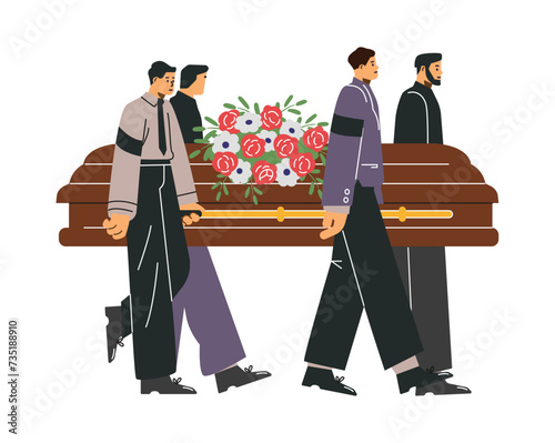 Ritual service men carry the coffin with flowers wreath, burial ceremony procession, funeral, mourning tradition vector