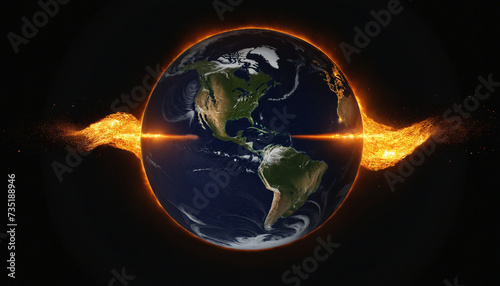 Earth engulfed in flames against dark backdrop