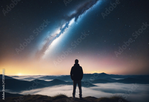 Back view of man looking at night sky with stars and nebula