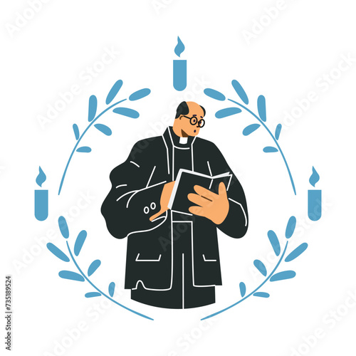 Priest doing ceremony at funeral, priest in black clothes with Bible book, vector illustration in wreath with candles