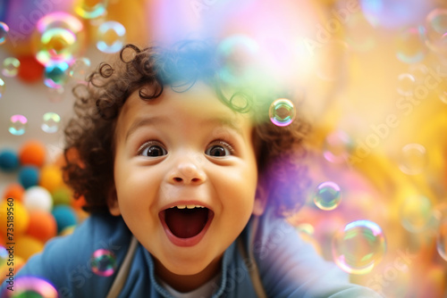 Happy child playing with colored soap bubbles. Joyful moments of carefree fun and entertainment, embracing playful exploration and boundless excitement