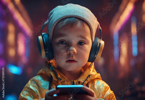 Criança com Smartphone nas mãos, jogando jogo eletrônico. photo