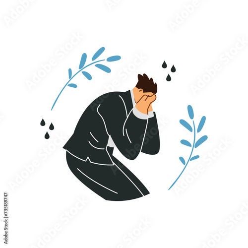 Man in black clothes mourns the dead, person in sadness crying and mourning, vector funeral ritual ceremonial sorrow