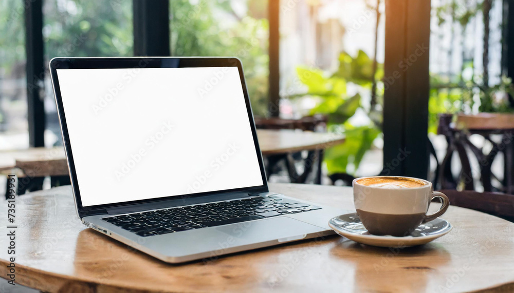 Wooden table with laptop white screen and a cup of coffee, complemented by a vibrant potted plant blurred background. High quality photo Wooden table with laptop white screen and a cup of coffee, complemented by a vibrant potted plant blurred background. High quality photo