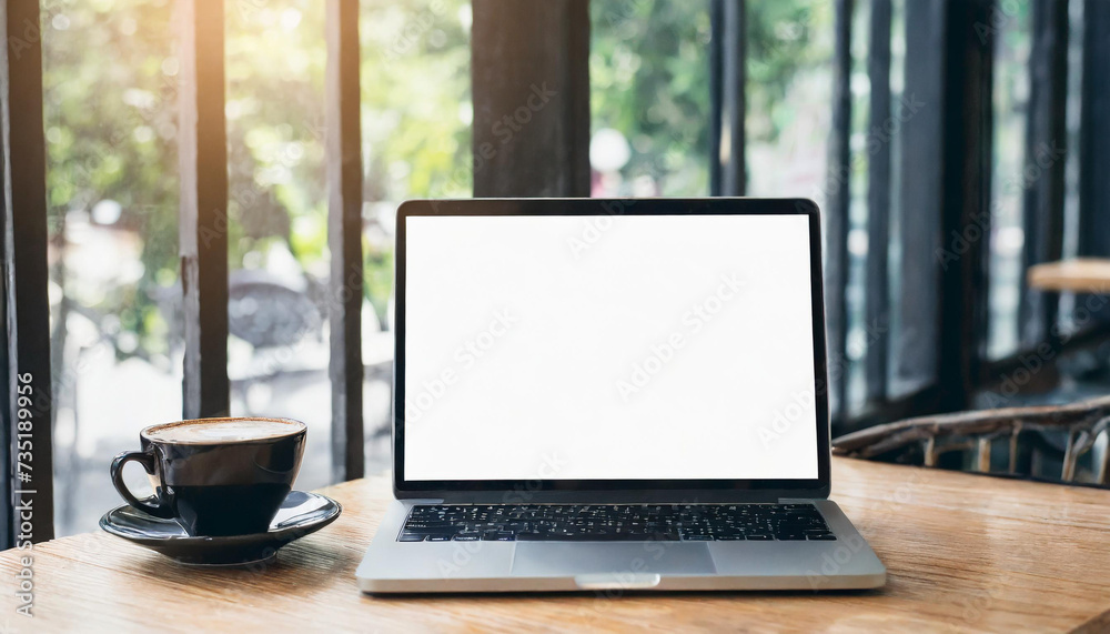Wooden table with laptop white screen and a cup of coffee, complemented by a vibrant potted plant blurred background. High quality photo Wooden table with laptop white screen and a cup of coffee, complemented by a vibrant potted plant blurred background. High quality photo