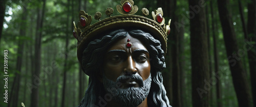 Mythological deity adorned with a crown against a dark forest backdrop