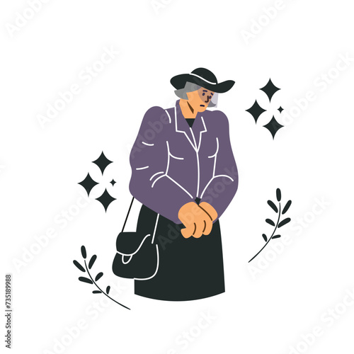 Widow in mourning attire at funeral or wake, flat vector illustration isolated.