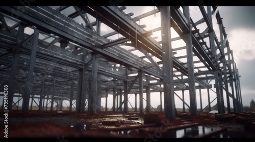 Shot of steel frame made of rsjs on a construction.Generative AI