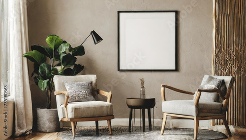 Mockup poster frame in minimalist modern interior background  3d render