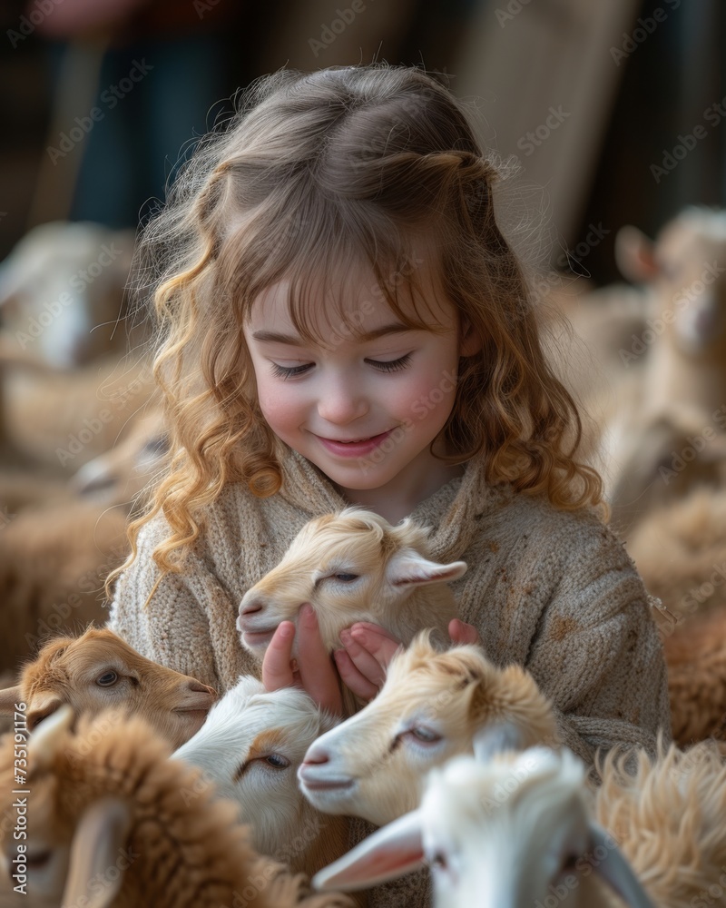 Young girl feeding goats in a lively barn Young girl feeding goats in a lively barn