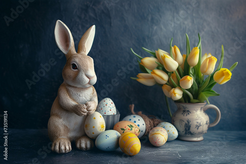 easter card, easter bunny with eggs, easter eggs and flowers, easter eggs in a basket, easter eggs and flowers on a white background, easter wall paper and background for social media  © fadi
