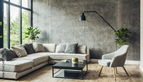  concrete wall. Scandinavian loft home interior design of modern living room in minimalist studio apartment.