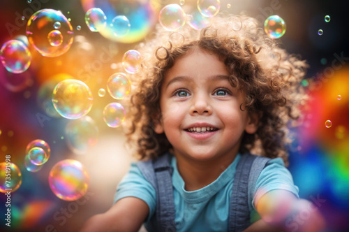 Happy child playing with colored soap bubbles. Joyful moments of carefree fun and entertainment, embracing playful exploration and boundless excitement