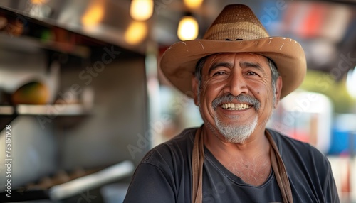 Happy asian senior man wearing a straw hat and smiling © Katsiaryna