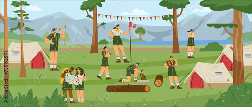 Fototapeta Naklejka Na Ścianę i Meble -  Scout children camping in the forest near the mountains, make a campfire near the tent, vector summer activities