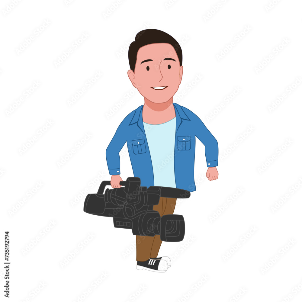 Cameramen holding camera with microphone. Vector image