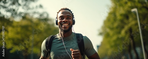 Sports as a lifestyle. Young black athlete during jogging workout in city park. Jogging workout with your favorite music with online app. photo