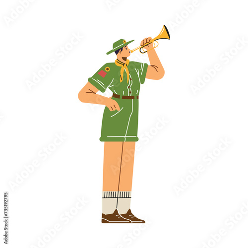 Boy wear scout uniform, neckerchief blows the trumpet fife, cartoon summer camp scouts fifer, vector outdoor activities
