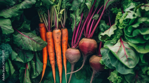 bunch of freshly harvested beets with vibrant pink stems and roots attached, positioned next to a bunch of orange carrots with green tops. photo