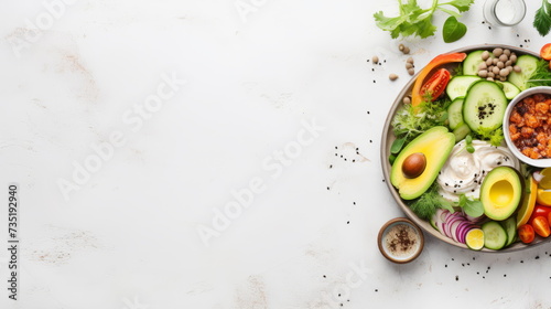 Gourmet Mixed Greens Salad - A vibrant plate of mixed greens with avocado, boiled eggs, succulent shrimp, and grilled chicken.