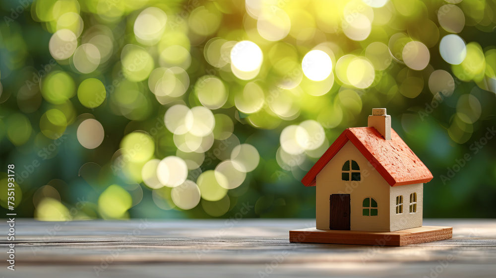 House sale concept with small 3D house on green blurred background with bokeh House sale concept with small 3D house on green blurred background with bokeh