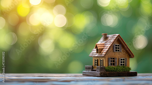 House sale concept with small 3D house on green blurred background with bokeh