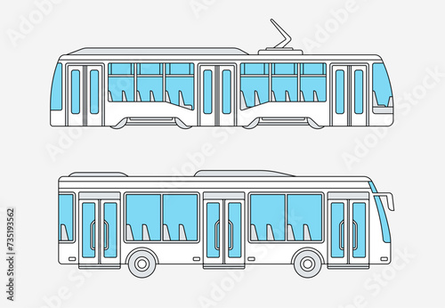 Public transport linear concept. Pack of trolleybuses. Travel and trip. Modern urban infrastructure. Transport for citizens. Outline flat vector illustration isolated on grey background