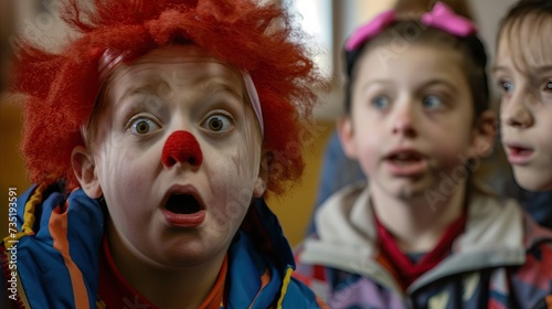 A clown with bulging eyes looks at the children in surprise
