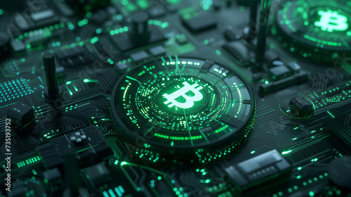 virtual green bitcoin symbol crypto digital currency on green circuit board in city form background, new business financial risk, decentralized concept