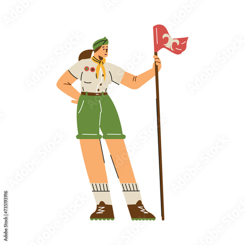 Girl wear scout uniform, neckerchief holding a flag, cartoon summer camp scouts leadership character vector illustration