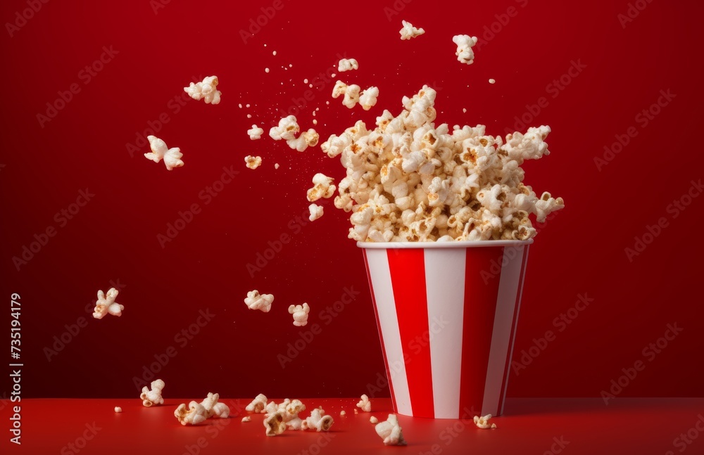 a cup of popcorn is falling into a red background a cup of popcorn is falling into a red background
