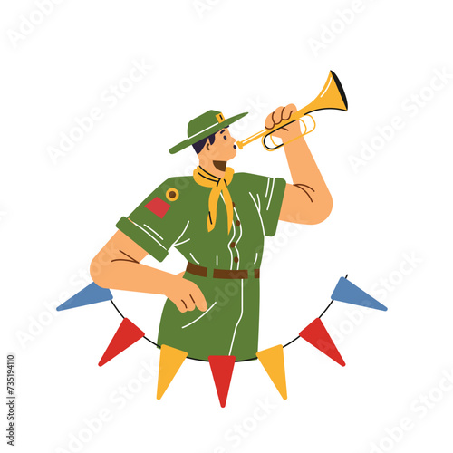 Photos Scout bugler blows muster, flat cartoon vector illustration isolated on white