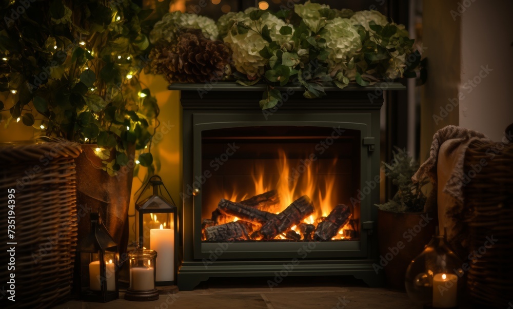 A Luxurious Scene. Winter Lights Next to Burning Fire, Dark Beige and Green Tones, Spot Metering A Luxurious Scene. Winter Lights Next to Burning Fire, Dark Beige and Green Tones, Spot Metering