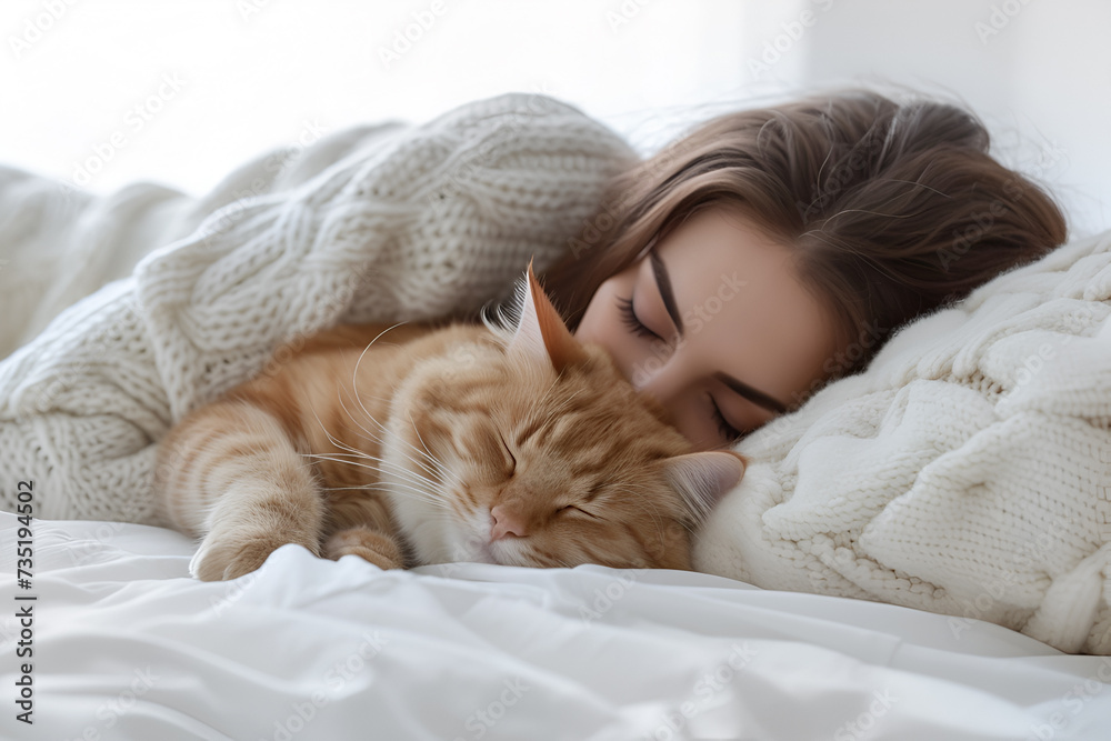 Young woman with cute cat sleeping in bed Young woman with cute cat sleeping in bed
