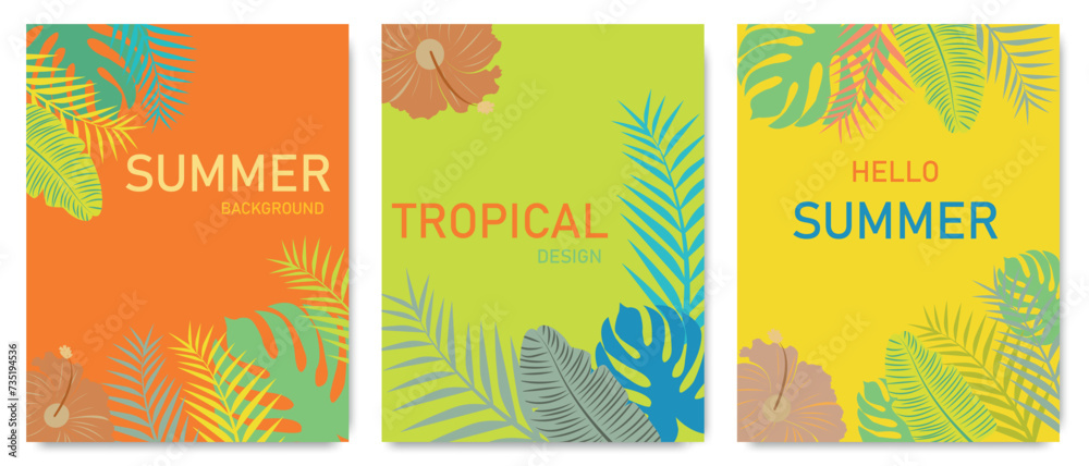 Set of banners on a tropical theme. Vector illustration of colorful palm leaves and hibiscus flowers. Abstract geometric tropical design templates for posters, covers, wallpapers. Flat style.