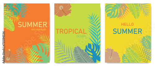 Set of banners on a tropical theme. Vector illustration of colorful palm leaves and hibiscus flowers. Abstract geometric tropical design templates for posters, covers, wallpapers. Flat style.