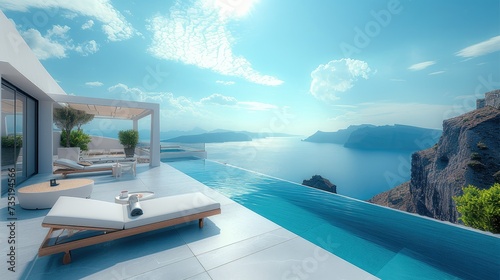 Terrace view of minimalist seaside villa, sunbeds around small pool, sea below far away, mountains and hills. Generative AI. © visoot