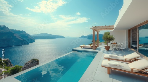 Terrace view of minimalist seaside villa, sunbeds around small pool, sea below far away, mountains and hills. Generative AI.