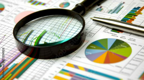 magnifying glass over various types of colorful business charts and graphs on paper, suggesting data analysis or financial examination.