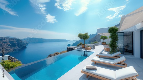 Terrace view of minimalist seaside villa, sunbeds around small pool, sea below far away, mountains and hills. Generative AI.