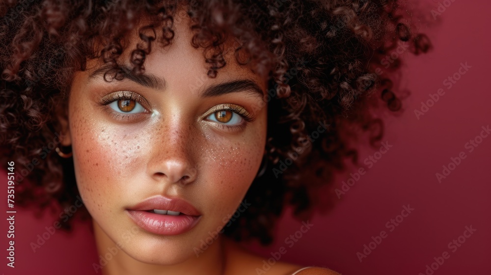 Woman with spiral curls and sparkling eye makeup Woman with spiral curls and sparkling eye makeup