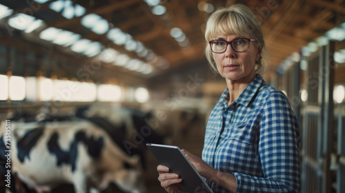 middle-aged woman with blonde hair, wearing glasses and a blue checkered shirt, holding a tablet, standing in a barn with dairy cows in the background. © MP Studio